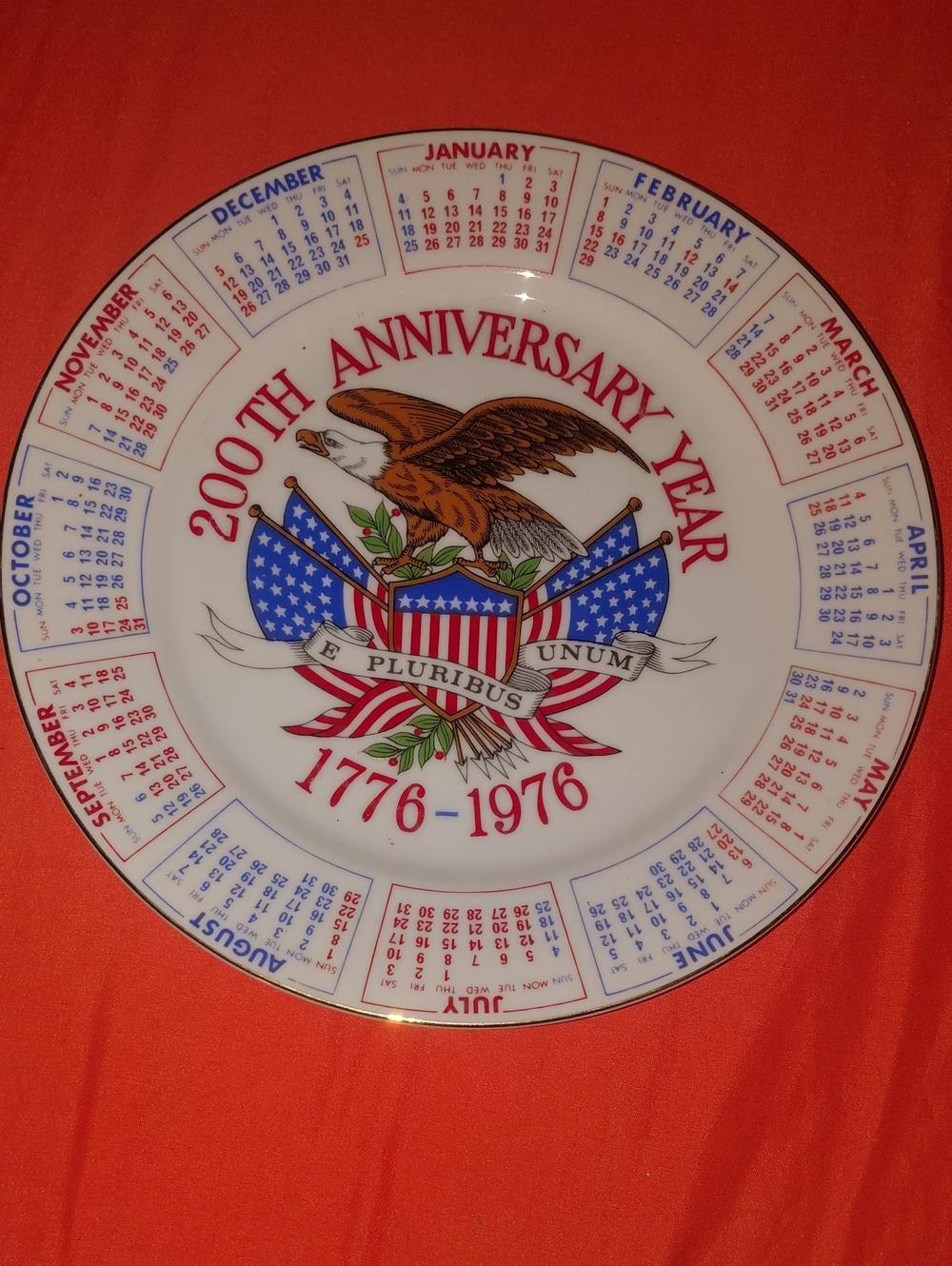 200th Anniversary 1776-1976 Commemorative Eagle Calendar Plate - White/Red/Blue